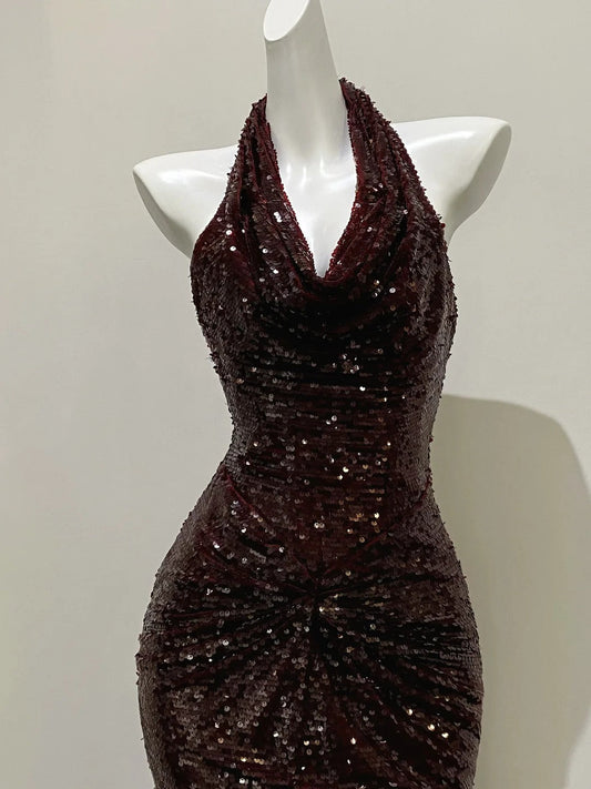 ✨Burgundy backless fishtail skirt walking galaxy long ball gown evening dress prom dress gh4332