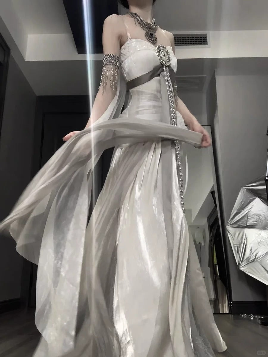 White and gray fairy long satin tulle ball gown evening gown graduation gown gh4492