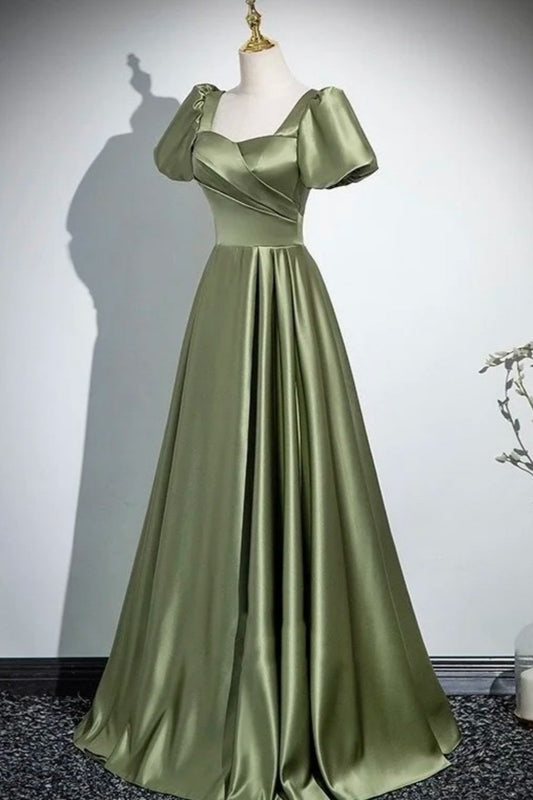 Vintage Olive Green - Square Neck Puff Sleeve Satin Gown, Waisted Flare Socialite Evening Dress gh7074