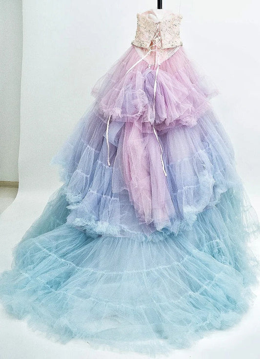 Girlhomeshops-Pink purple blue colorful fashion gradient gorgeous beading shiny elegant long layered tulle ball gown gh5321
