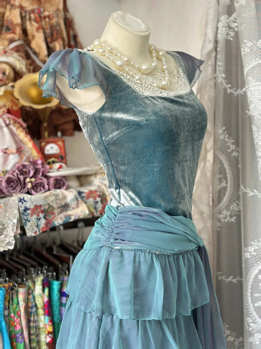Girlhomeshops-Blue vintage velvet ruffle short chiffon homecoming dress birthday party dress gh5431