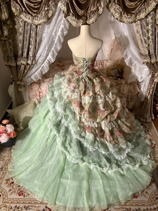 girlhomeshops-Forest Fairy Tale Style:Watercolor Floral Tulle & Lace - Paneled Strapless Train - Bearing Evening Dress gh5896