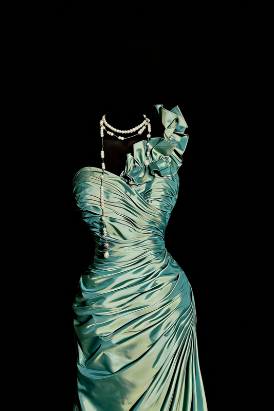 Mint Green One-Shoulder Ruffled Ruched Satin Gown gh7096