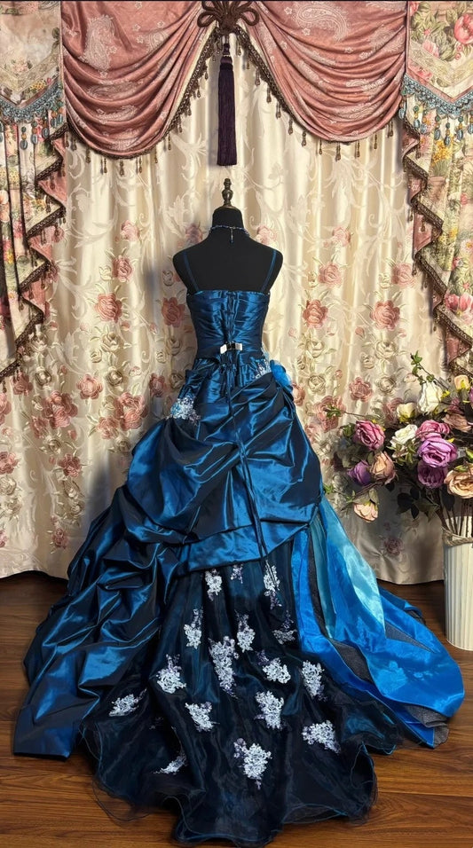 girlhomeshops-Vintage Court Style Royal Blue Satin 3D Floral Spaghetti - Strap Floor - Length Evening Dress gh5882