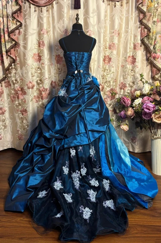 Luxury Court Style Deep Sea Blue Gradient Satin Embroidered Train Gown - Theme Ball & Dinner Dress gh6543