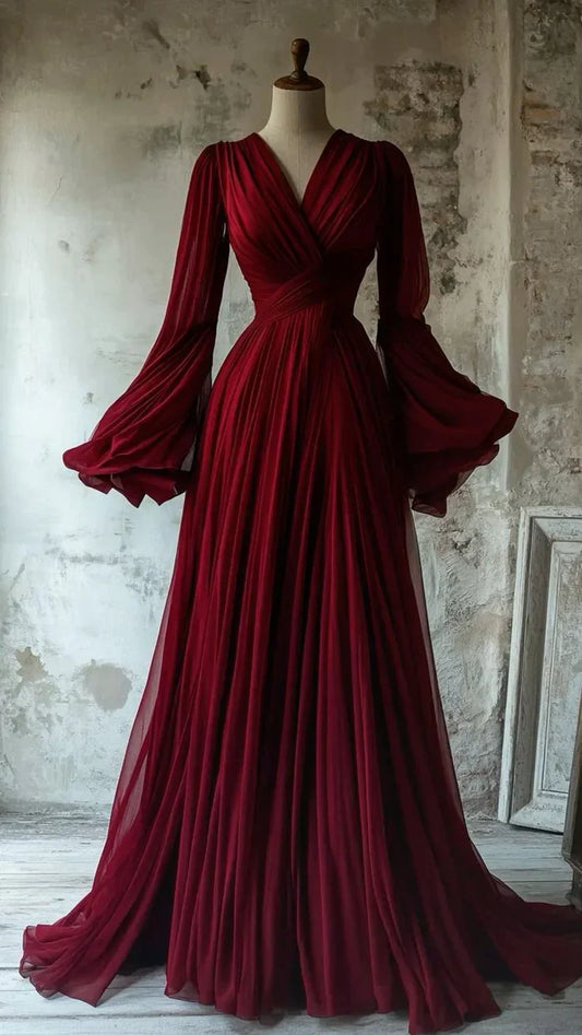 girlhomeshops-Burgundy Long Sleeve Formal Long Dress Elegant and Modest V-Neck A-Line Chiffon Vintage Long Evening Dress gh5748