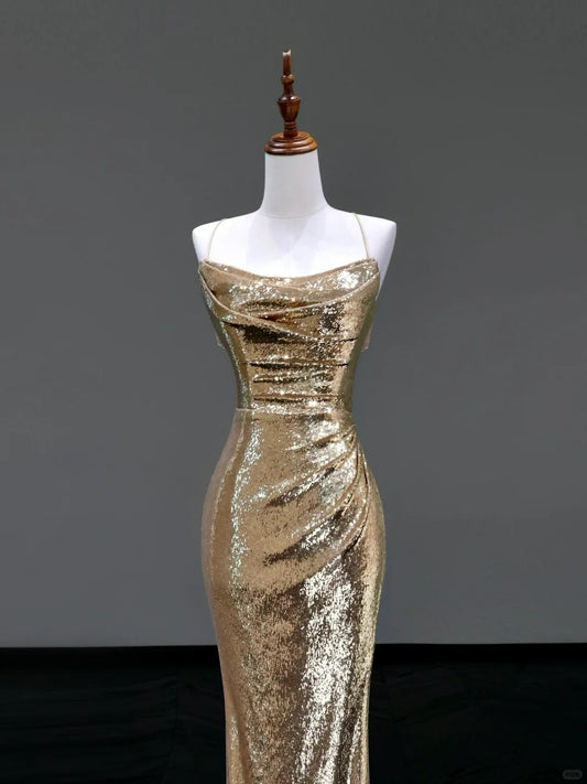 Girlhomeshops-Gold elegant sequins long mermaid tight prom dress evening dress party dress gh5125