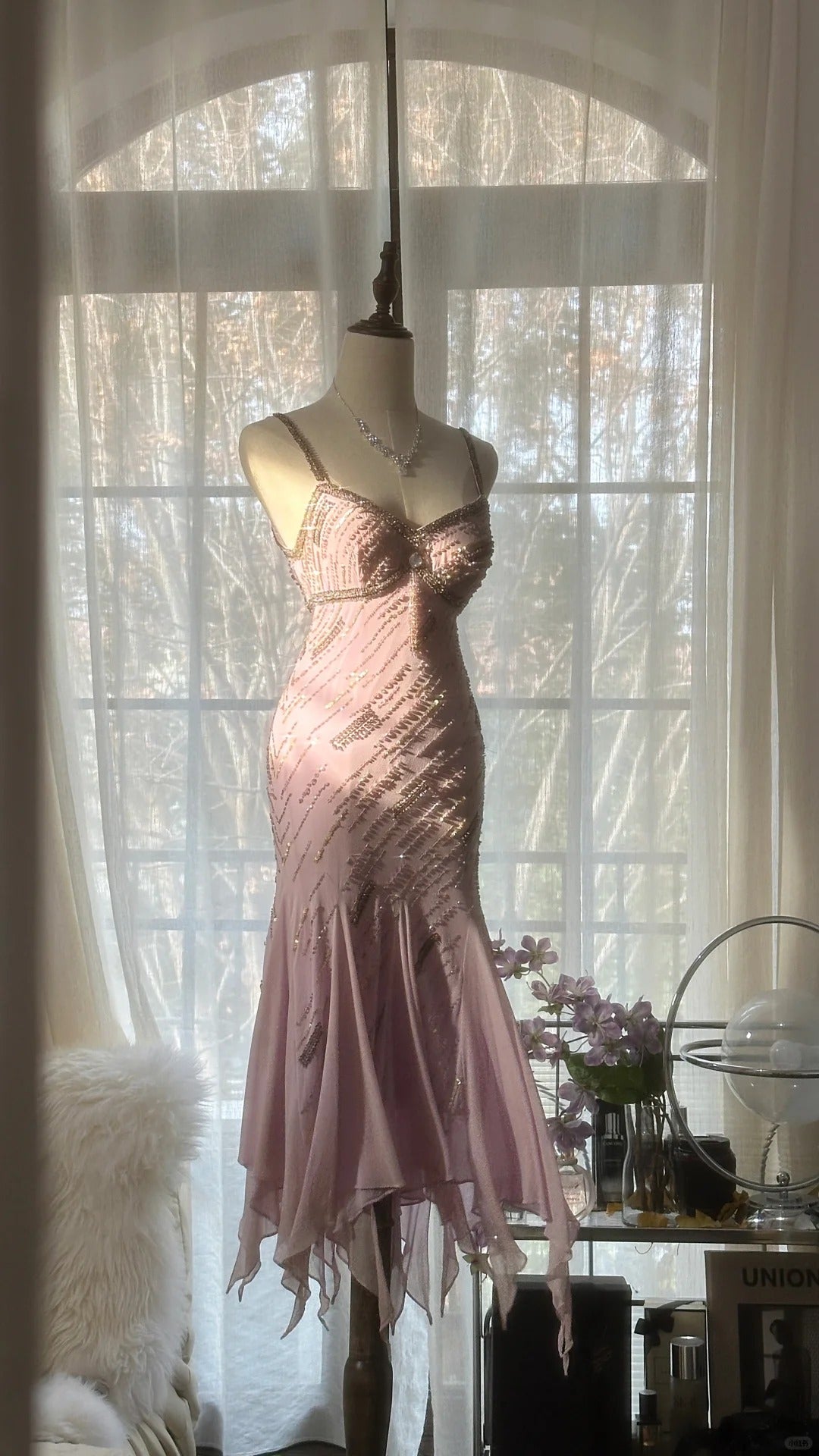 Pale Pink Elegant Fashion Sophisticated Beaded Sweetheart Neck Spaghetti Straps Long Chiffon Ruffled Homecoming Dress Prom Dress Evening Dress Birthday/Vacation Party Dress Prom Dress gh4067
