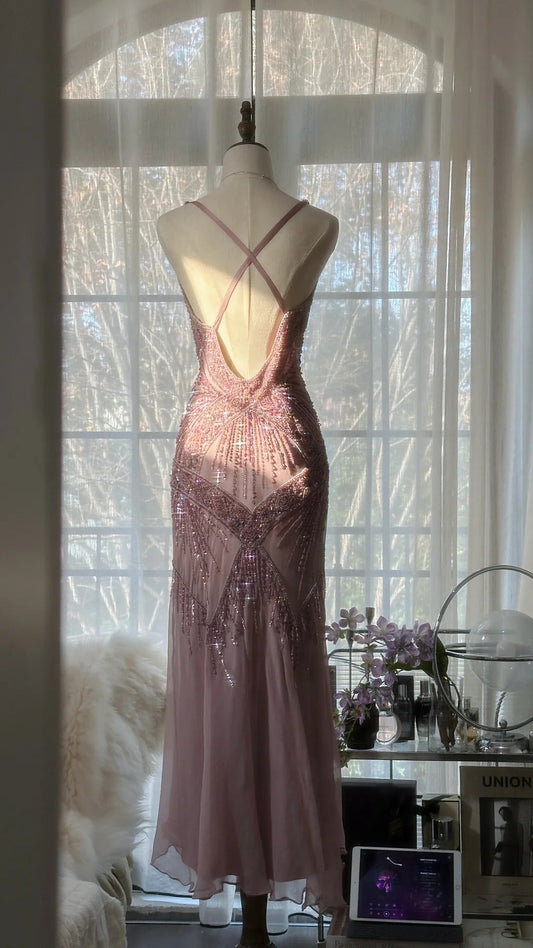 Pink Romantic Fashion Elegant Exquisite Beaded Spaghetti Strap Long Tulle Chiffon Ruffle Ball Gown Evening Gown Party Dress gh4059