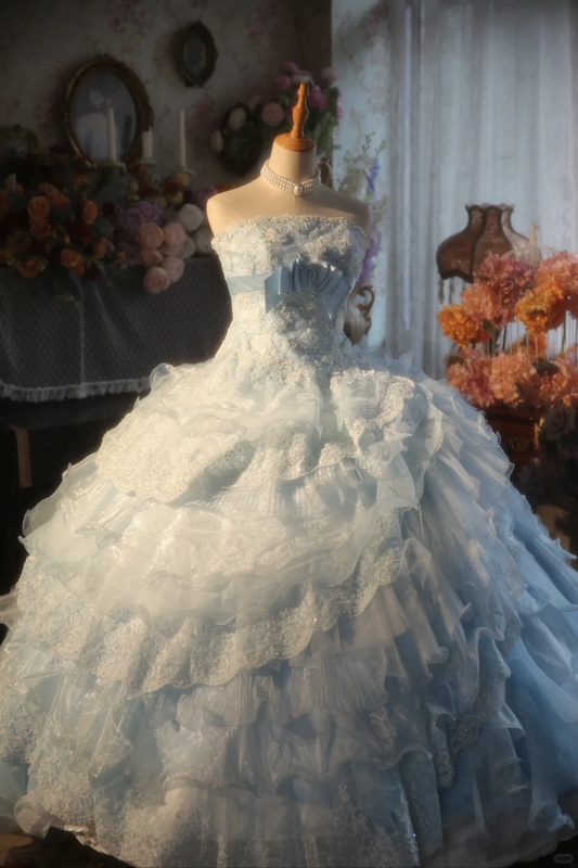 Gorgeous Light Blue Strapless Ruffled Lace Sequin Sweet 15 Quinceanera Ball Gown TP5517