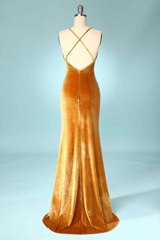 Butterscotch Mermaid Cowl Neck Backless Velvet Long Bridesmaid Dress