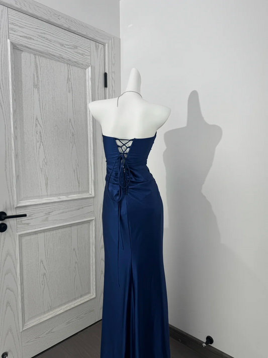 Navy Blue Strapless Waist-Cinched Slim Slit Sexy Prom Evening Gown gh7218
