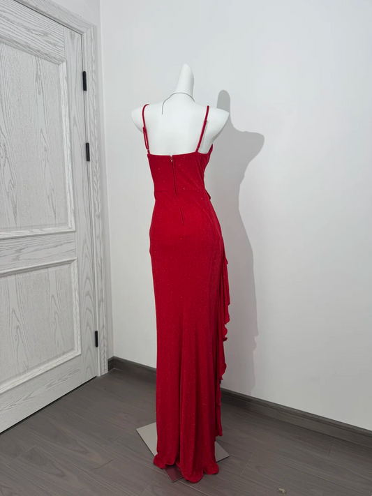 Red Spaghetti Strap Waist-Cinched Bodycon High Slit Sexy Prom & Evening Gown gh7219