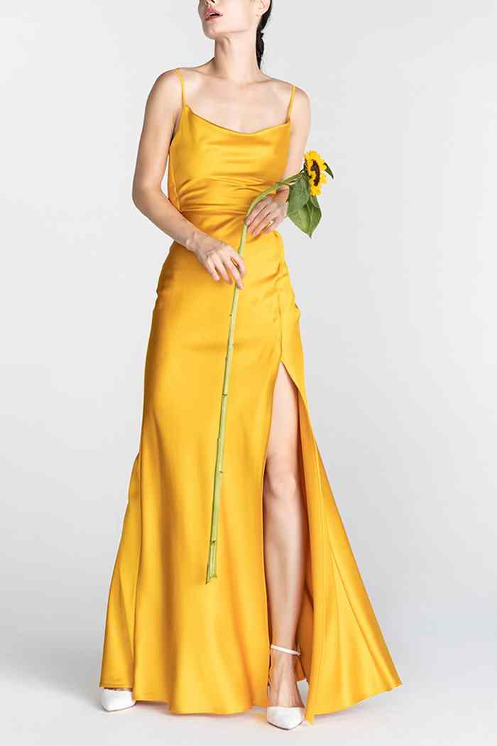 Marigold Mermaid Satin Cowl Neck Long Bridesmaid Dress with Slit