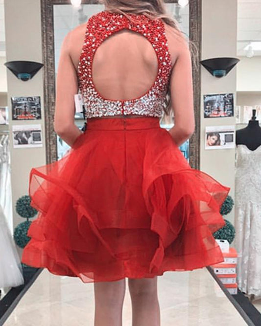Two Piece Ruffles Ball Gown Homecoming Dresses,Navy Blue Semi Formal Dress