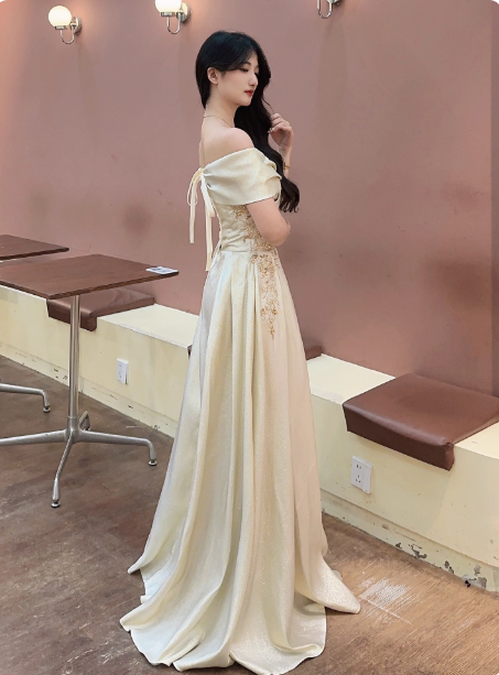 Vintage Champagne Gold Off-the-Shoulder Embroidered Satin Long Prom Dress Evening Dress P4361