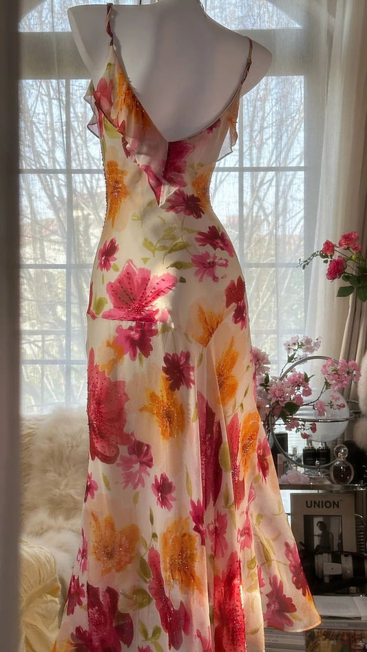 Romantic Ruffled Colorful Floral Printed Mermaid Chiffon Spaghetti Strap Prom Dress TP5686