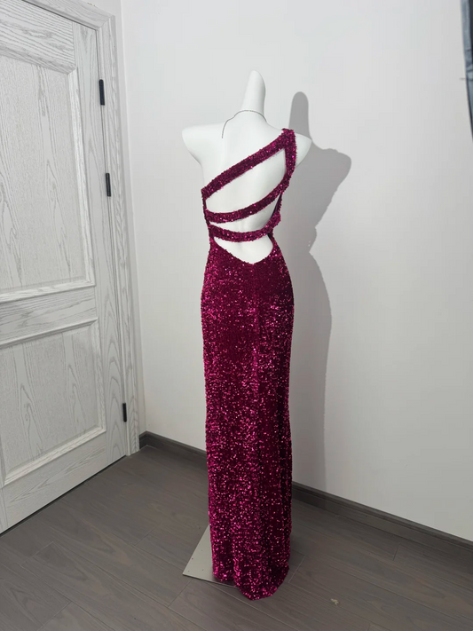 Rose Red Sequin One-Shoulder Fitted Waist Slim Bodycon Prom & Evening Dress gh7226