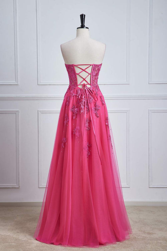 Hot Pink Strapless A-line Floral Long Prom Dress with Slit
