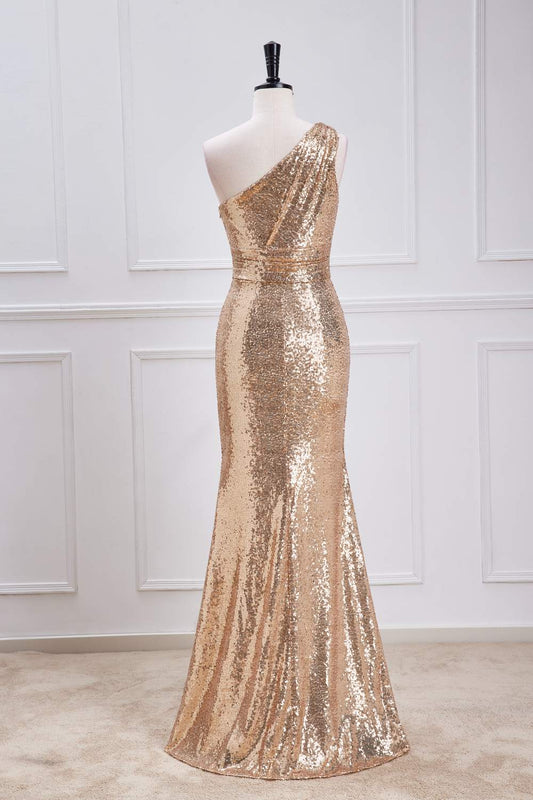 Champagne One Shoulder Sequins Mermaid Long Prom Dress