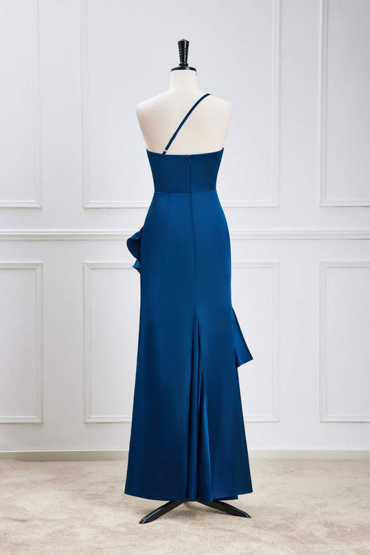Blue One Shoulder Mermaid Ruffled Hi-Low Bridesmaid Dress