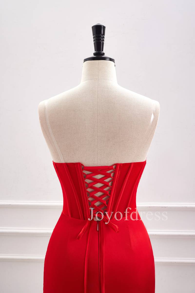 Strapless Red Lace-Up Ruched Mini Dress