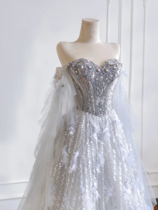 Girlhomeshops--Gray purple gorgeous feather tulle and diamond exquisite beading long tulle prom dress wedding dress gh5486