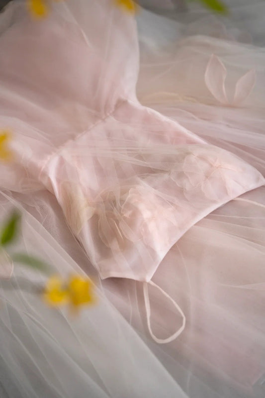 girlhomeshops- Vintage Pink Tulle 3D Floral Spaghetti Strap Long Forest-Style Evening Gown gh6094