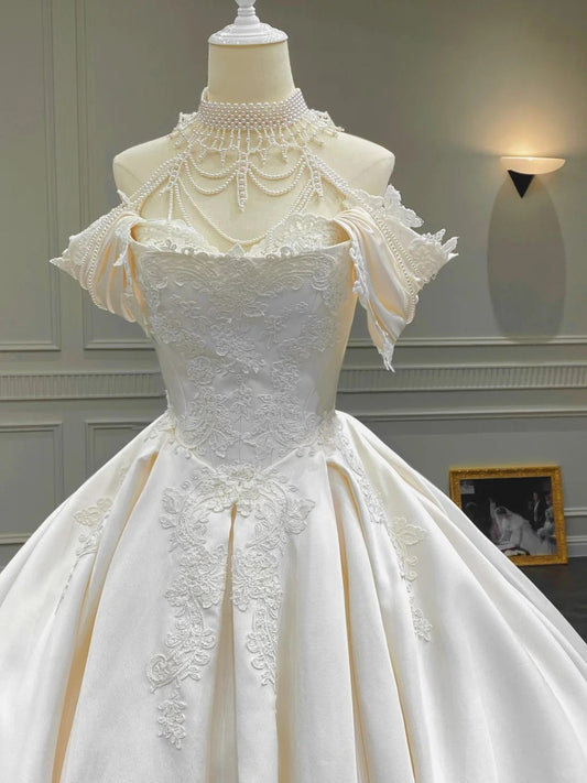 Girlhomeshops--✨White vintage exquisite beaded tube top satin lace wedding dress, court beauty, elegance and sexiness gh5441