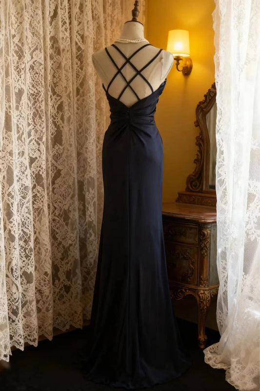 girlhomeshops-Elegant navy blue spaghetti strap deep V neck waist dress, vintage embellished elegant long evening gown gh5826