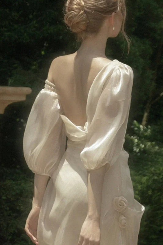 girlhomeshops-๐One Shoulder Flower Long Fairy Dress White Moonlight Female Lead's Favorite Fairy Dress gh5907
