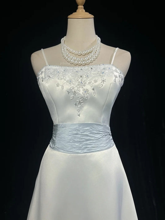 girlhomeshops-White And Blue Satin Long Dress With Delicate Beading gh6248