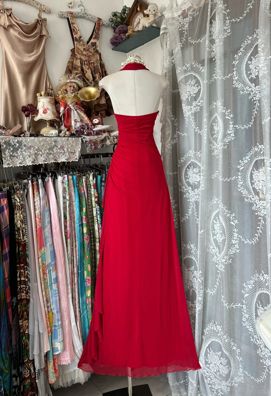 Girlhomeshops-Red suspenders fashion backless retro long chiffon prom dress birthday party dress gh5433