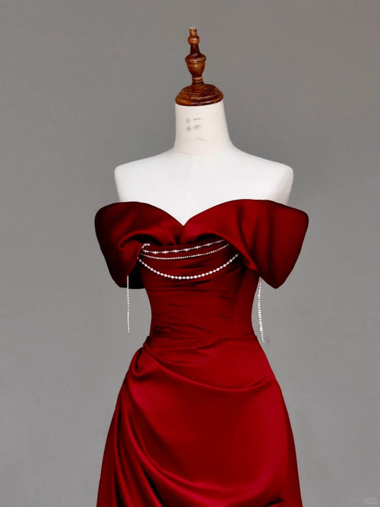 Girlhomeshops -Red pearl beaded long satin prom dress evening dress party dress gh5114