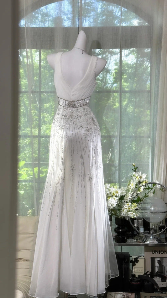 Girlhomeshops-White exquisite beaded long fairy chiffon Prom Dress evening dress party dress gh5077