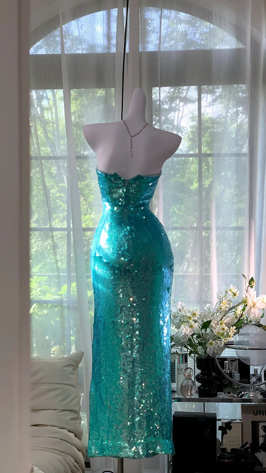 Girlhomeshops-Emerald Blue Shiny Long Sequin Prom Dress Evening Dress Party Dress gh5078