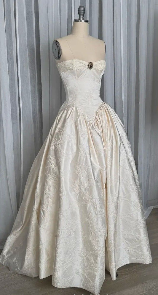girlhomeshops--Ivory Vintage Elegant Long Satin Dress gh5703