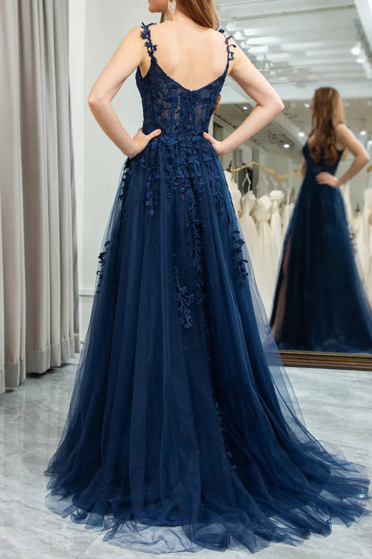Dark Navy Sweetheart Lace Appliques Tulle A-line Prom Dress