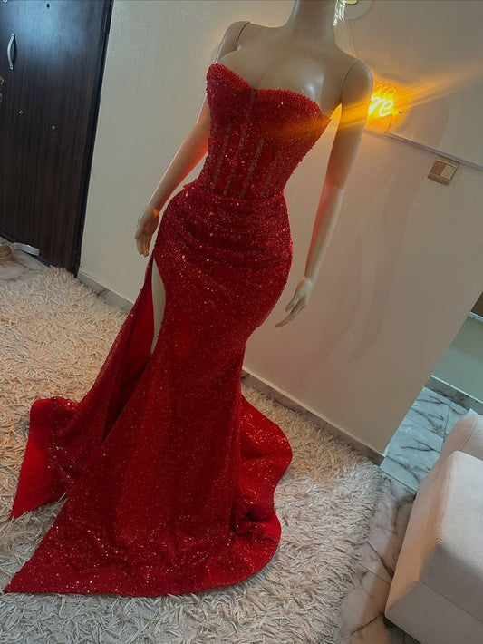 Vintage Sequin Strapless Sweetheart Corset Mermaid Gown with High Slit TP5695