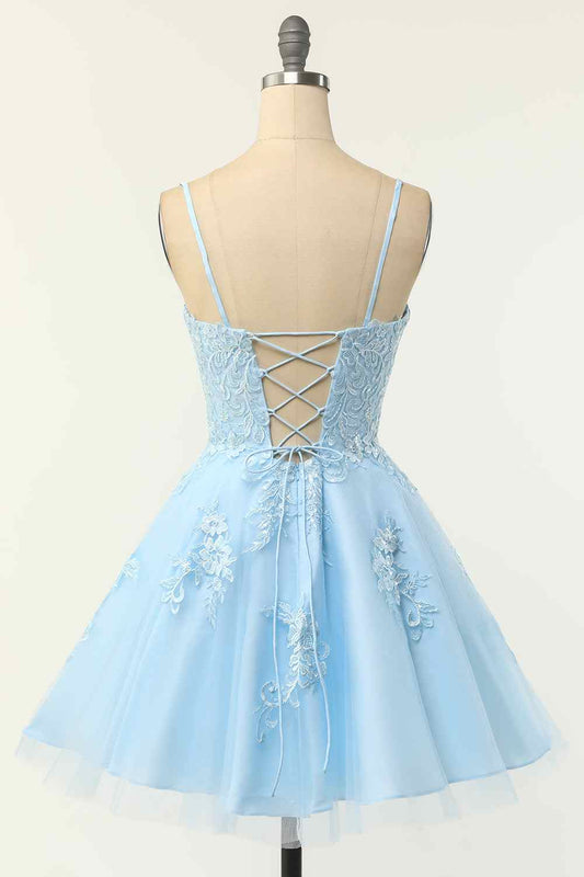 Light Blue A-line Spaghetti Straps Lace-Up Back Applique Mini Homecoming Dress