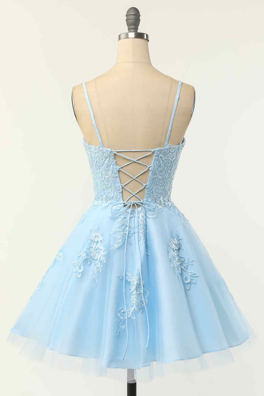 Light Blue A-line Spaghetti Straps Lace-Up Back Applique Mini Homecoming Dress