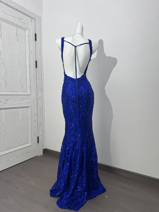 Dark Blue V-Neck Spaghetti Strap Fitted Waist Slim Elegant Prom & Evening Dress gh7229