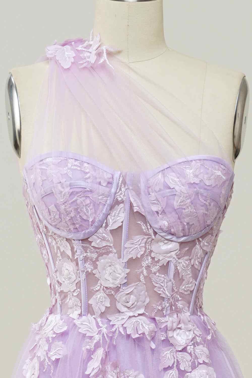 3D Floral One Shoulder Tulle A-Line Prom Party Dress