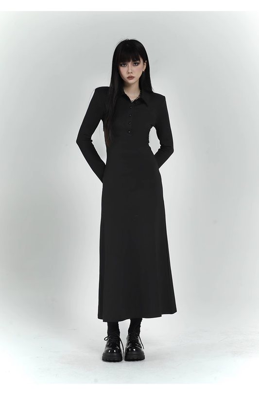 New Fashion Design POLO Style Women Black Long-sleeved Dress TP2937