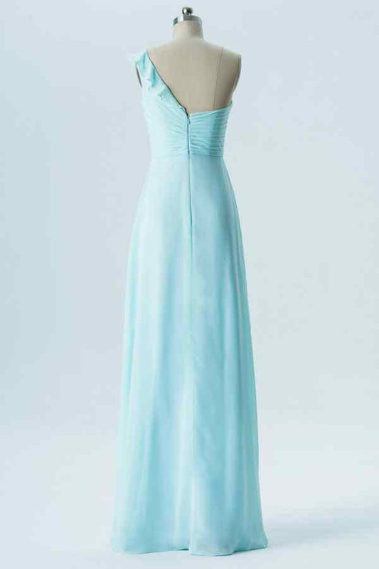 Caribbean A-line One Shoulder Ruffle Pleated Chiffon Long Bridesmaid Dress