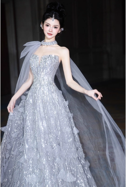 Gorgeous Silver Gray A-line Strapless Sequined Train Prom Dress Evening Dress P4463