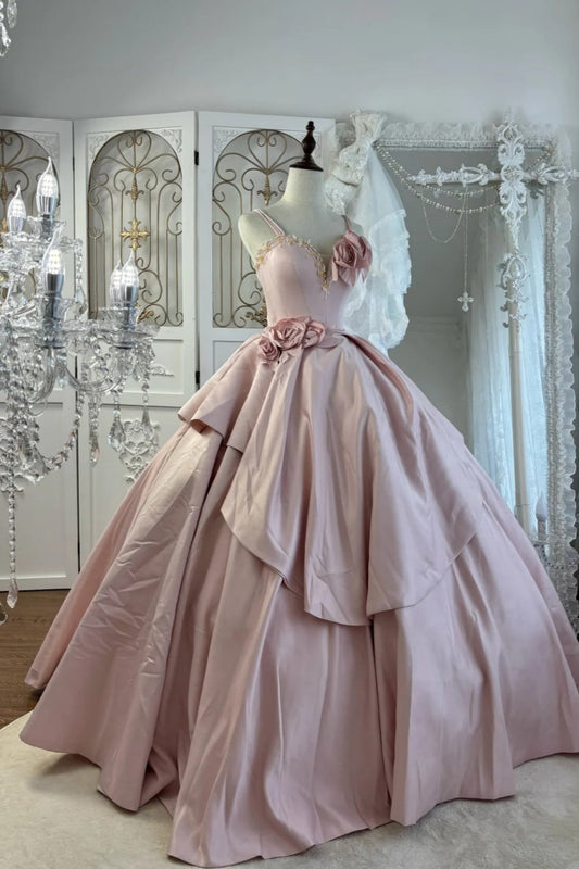 Pink Strapless Gown Beaded Neckline & 3D Rose Appliqués Showstopper gh7062