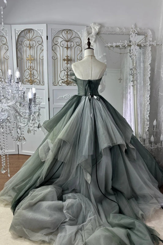 Forest Green Gradient Ball Gown Beaded Strapless & Oversized Tulle gh7064
