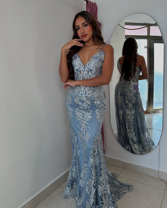 Blue gorgeous shiny spaghetti strap bodycon long tulle ball gown mermaid evening dress gh2718