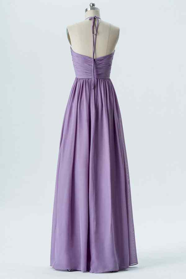 Lavender A-line Bow Tie Back Pleated Chiffon Long Bridesmaid Dress